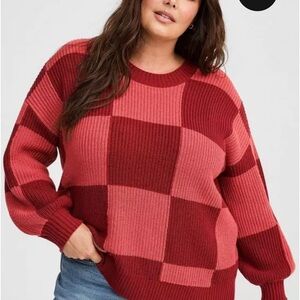 Torrid Red Crew Neck Sweater with Checkered Pattern - Size 2